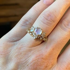 Hexagon Moonstone Butterfly Diamond Ring with band Size 6